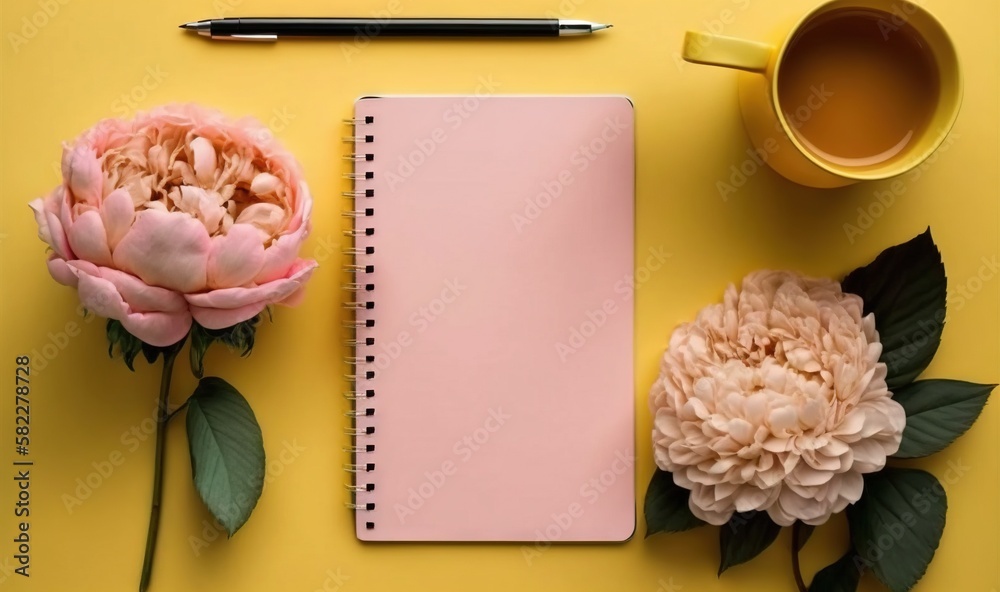  a pink notebook, a cup of coffee, and a pink flower on a yellow background with a pen and a cup of 