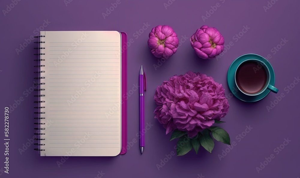  a notebook, pen, and flowers on a purple surface with a cup of coffee and a pen on the side of the 