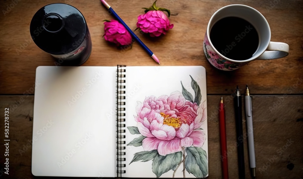  an open notebook with a flower on it next to a cup of coffee and a pair of pencils on a wooden tabl