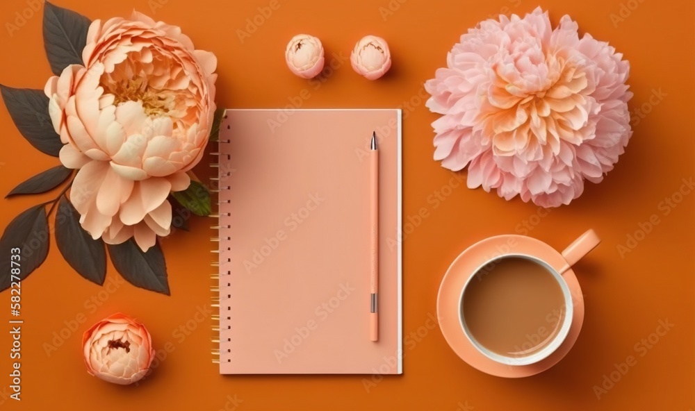  a pink notebook, a cup of coffee, and a pink flower on an orange background with a pink pen and a p