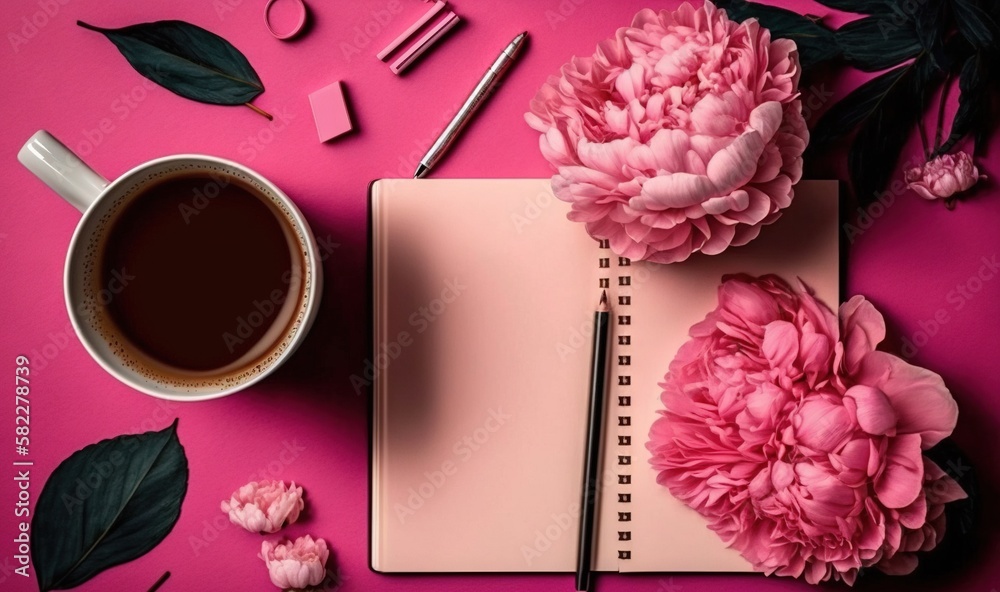  a pink notebook with pink flowers and a cup of coffee on a pink background with a pink flower and a