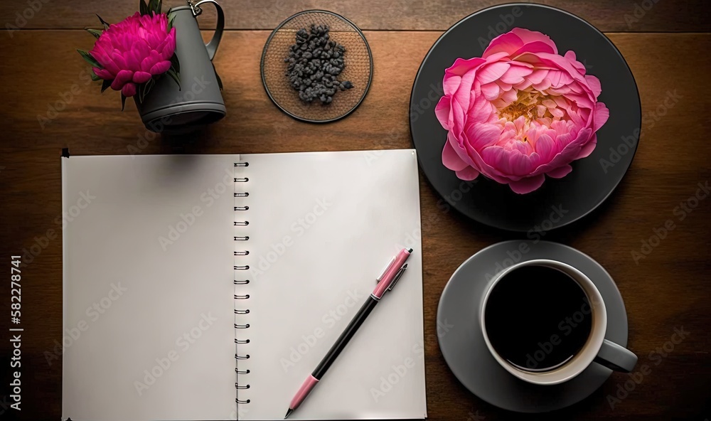  a notepad, pen, cup of coffee, and a flower on a wooden table with a cup of coffee and a vase of fl