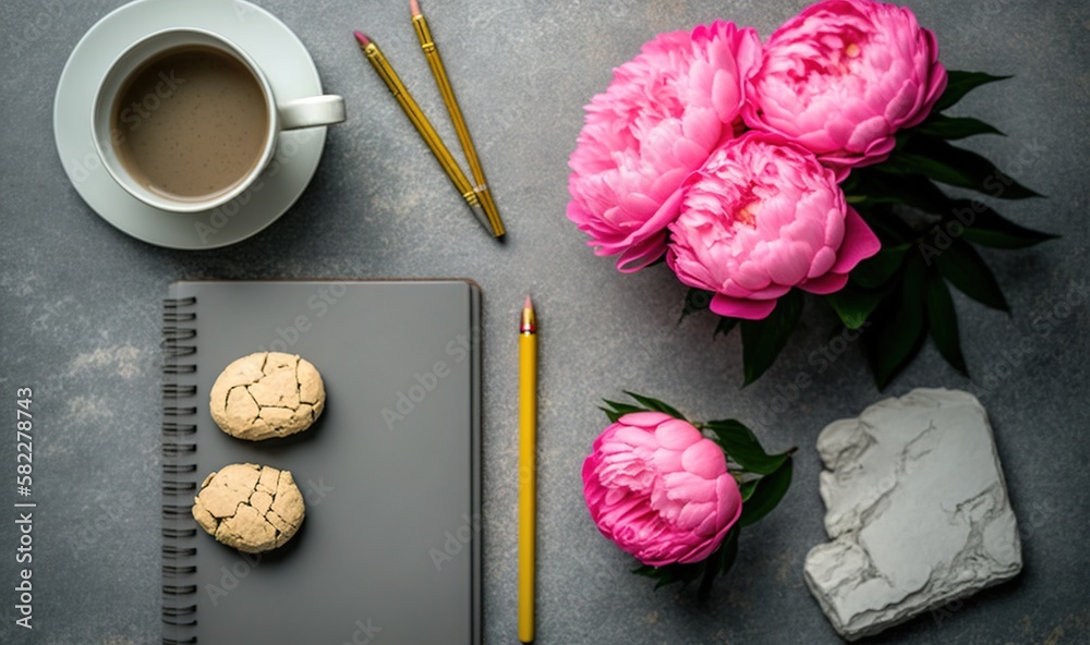  a cup of coffee, a notebook, a pen, and some pink flowers on a gray surface with a notebook and a p