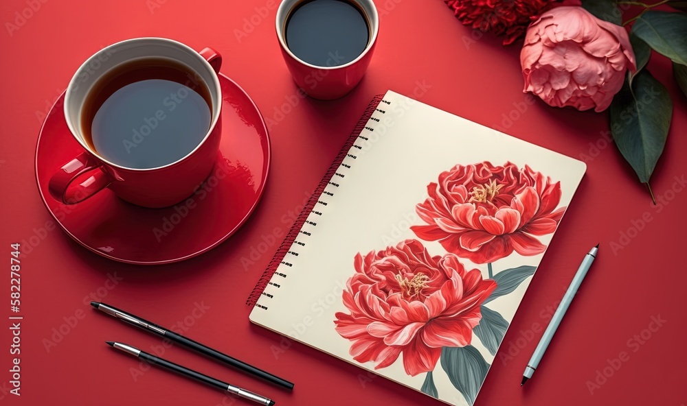  a red coffee cup and a notebook with a flower on it and a pair of black pens on a red surface next 