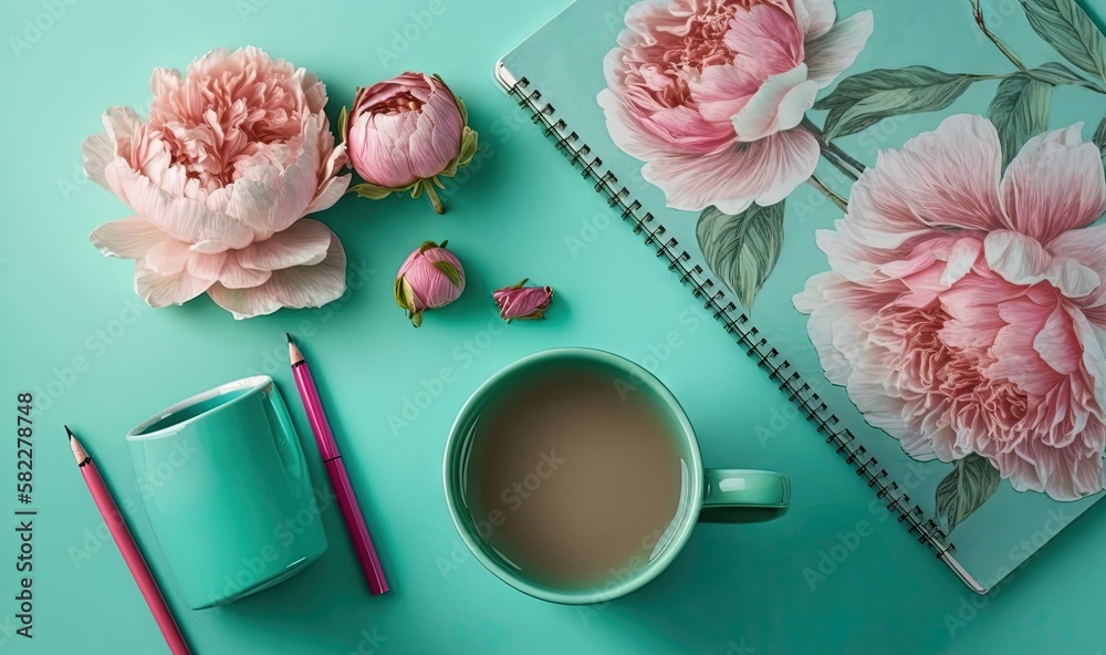  a cup of coffee next to a notebook with pink flowers on it and a pen and pencil on a blue surface n