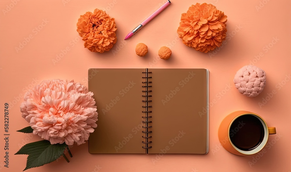  a notepad, coffee cup, flower, and pencil on a pink background with a pink flower and a pink flower