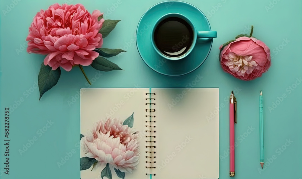  a cup of coffee, a notebook, and a flower on a blue background with a pencil and a flower on top of