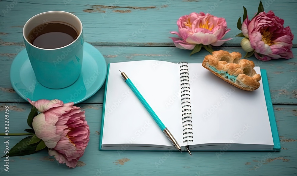  a cup of coffee and a notebook on a wooden table with flowers and a donut on the side of the notebo