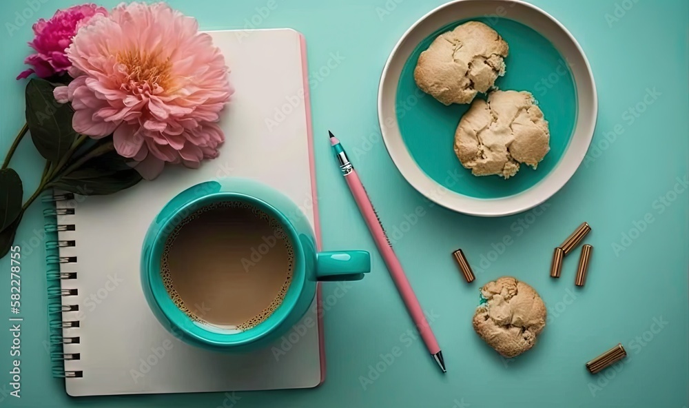  a cup of coffee, a plate of cookies, and a pink flower on a blue tablecloth with a notebook and a p