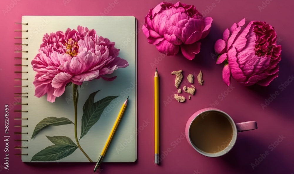  a notebook with a flower and a pencil on a pink surface next to a cup of coffee and a pair of peoni