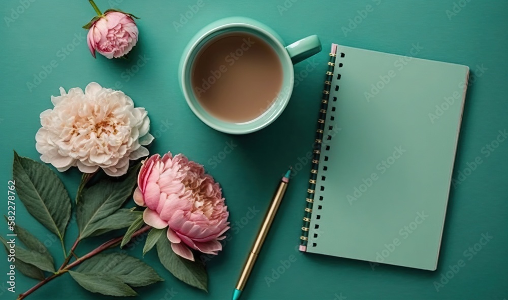  a cup of coffee, a notebook, and a flower on a green surface with a pen and a flower on the side of