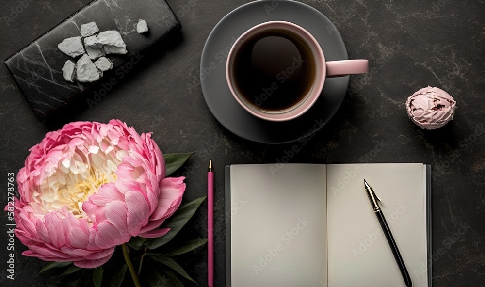  a cup of coffee, a notebook, and a pink flower on a black table with a pink pen and a pink peonie. 