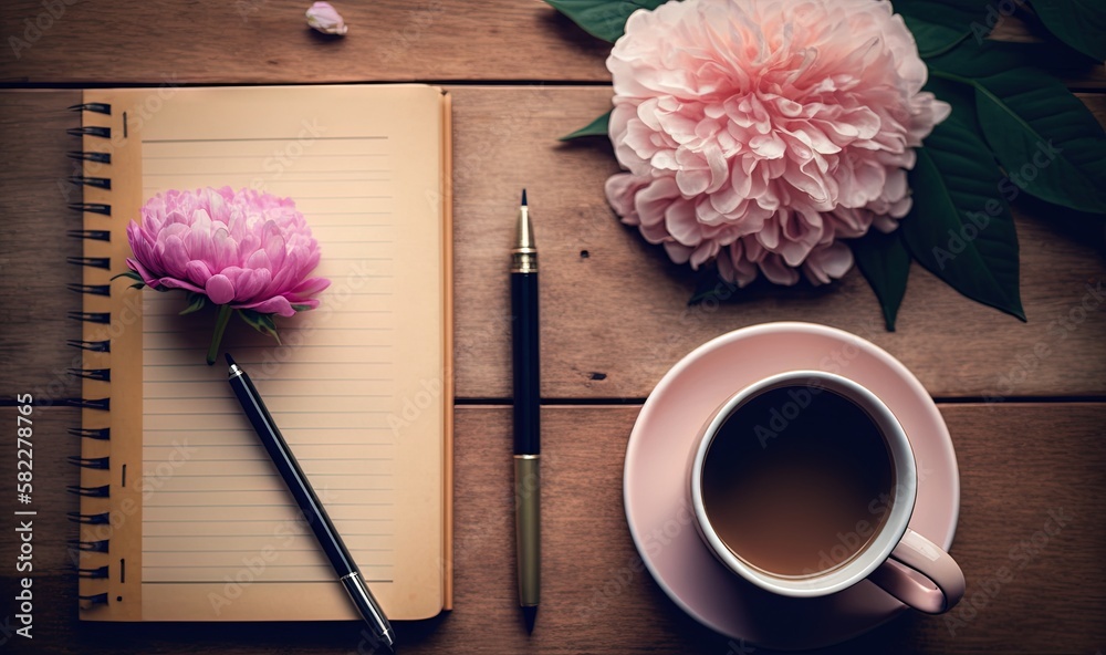  a cup of coffee and a pen on a wooden table next to a pink flower and a notepad with a pen and a fl