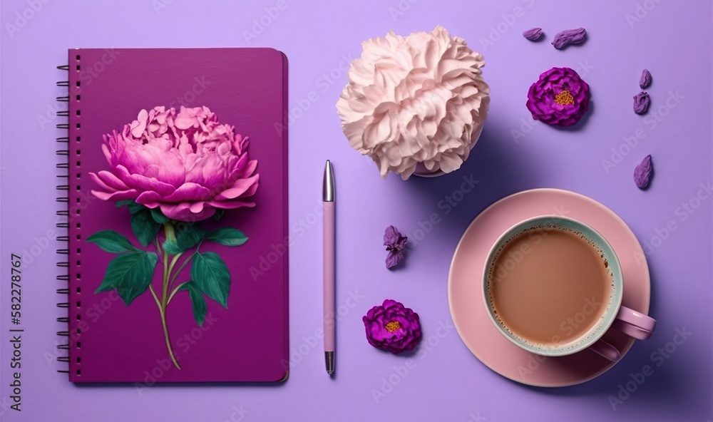  a cup of coffee and a notebook with a flower on it next to a pen and a flower on a purple surface w