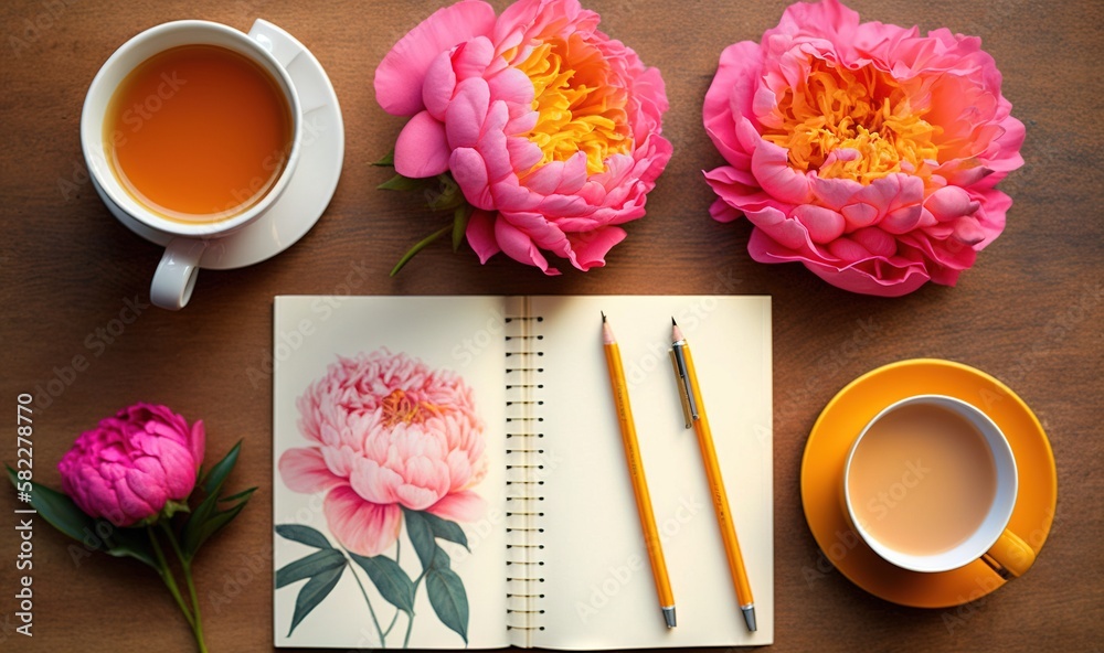  a table with a notebook, cup of tea, and a flower on it with a pen and a cup of tea next to it.  ge