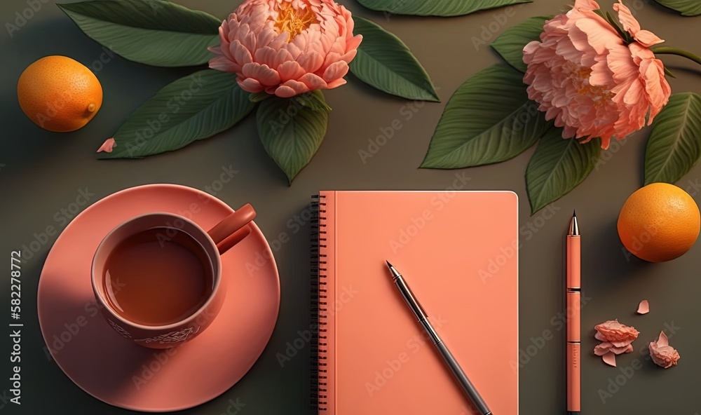  a cup of coffee and a notebook on a table with oranges and flowers on it, with a pen and a notebook