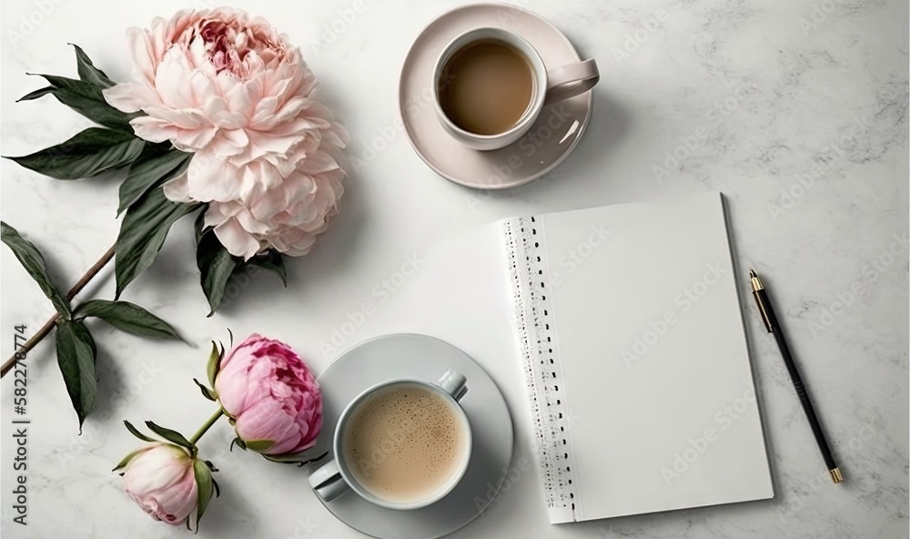  a cup of coffee and a notebook on a marble table with pink peonies and a pen and a pencil on it and