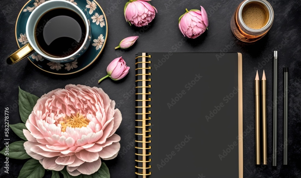  a notebook with a flower and a cup of coffee next to it on a black surface with a gold spiral noteb