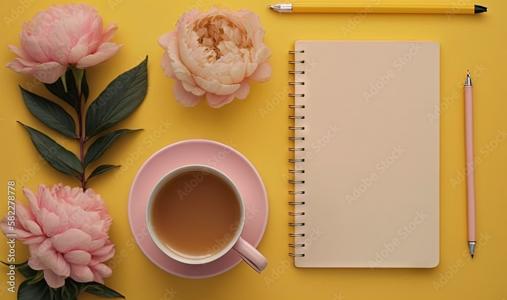  a cup of coffee, a notebook and a pencil on a yellow background with pink peonies and a pencil on a