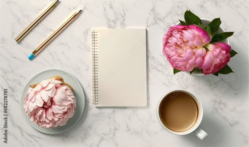  a cup of coffee, a notebook and a pink flower on a marble table with a gold pen and a pink peonie f