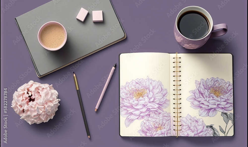  a purple desk with a notepad, pen, coffee cup, and a pink flower on top of a purple surface with a 