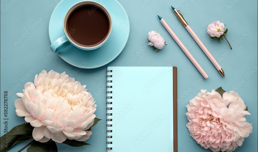  a cup of coffee, a notebook, a pen, and a flower on a blue background with a pink peonie and a pen.