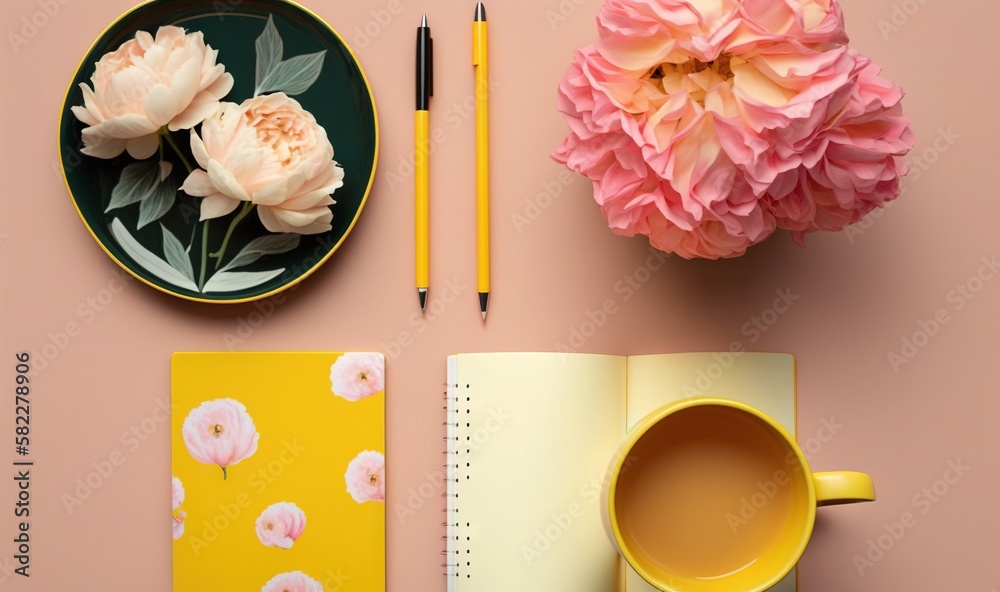  a cup of coffee, a notebook, and a flower on a pink surface with a yellow notebook and pen and a ye