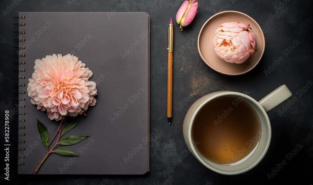  a cup of tea and a pink flower on a notebook next to a cup of tea and a pencil on a black surface w