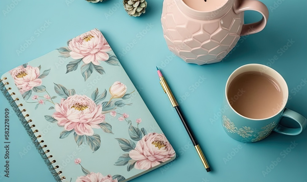  a cup of coffee and a notebook on a blue surface with a pink flowered cover and a pine cone on top 