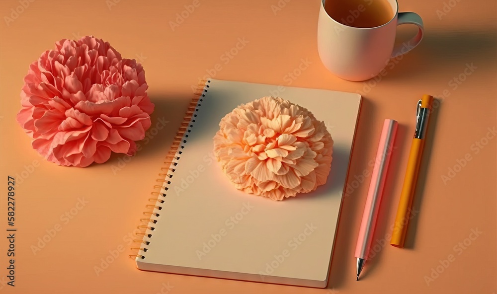  a notebook with a flower and a pencil on a table next to a cup of coffee and a pen and pencil holde