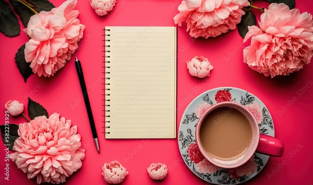  a cup of coffee, notebook and flowers on a pink background with a notepad and pen on the side of th