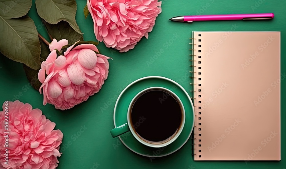  a cup of coffee and a notebook on a green surface with pink flowers and a pink pen on top of the no