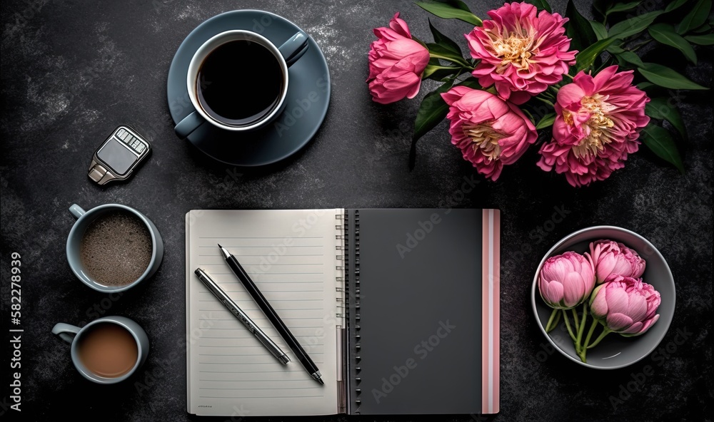  a desk with a notebook, pen, coffee, and flowers on it and a cell phone on the desk next to the not