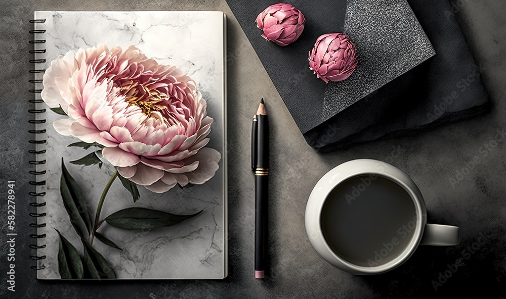  a notebook with a pink flower on it next to a cup of coffee and a pair of pink peonies on a marble 