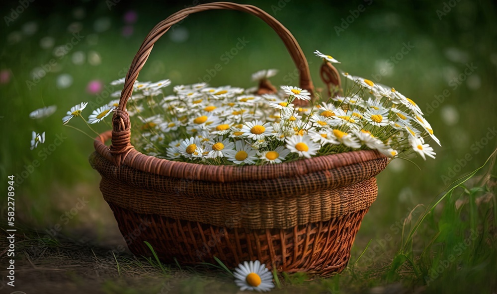  a wicker basket filled with daisies in a grassy field with daisies in the foreground and daisies in