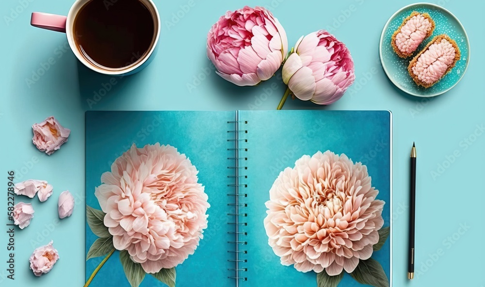  a blue notebook with pink flowers on it next to a cup of coffee and a plate of cookies on a blue ba