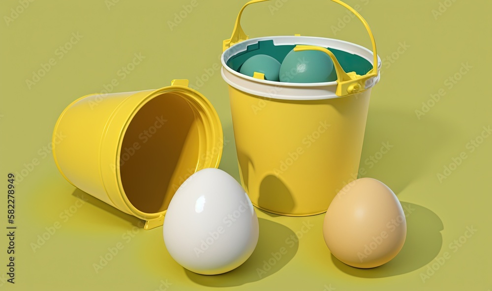  a bucket of eggs next to two eggs on a green surface with a yellow bucket of eggs in the middle of 