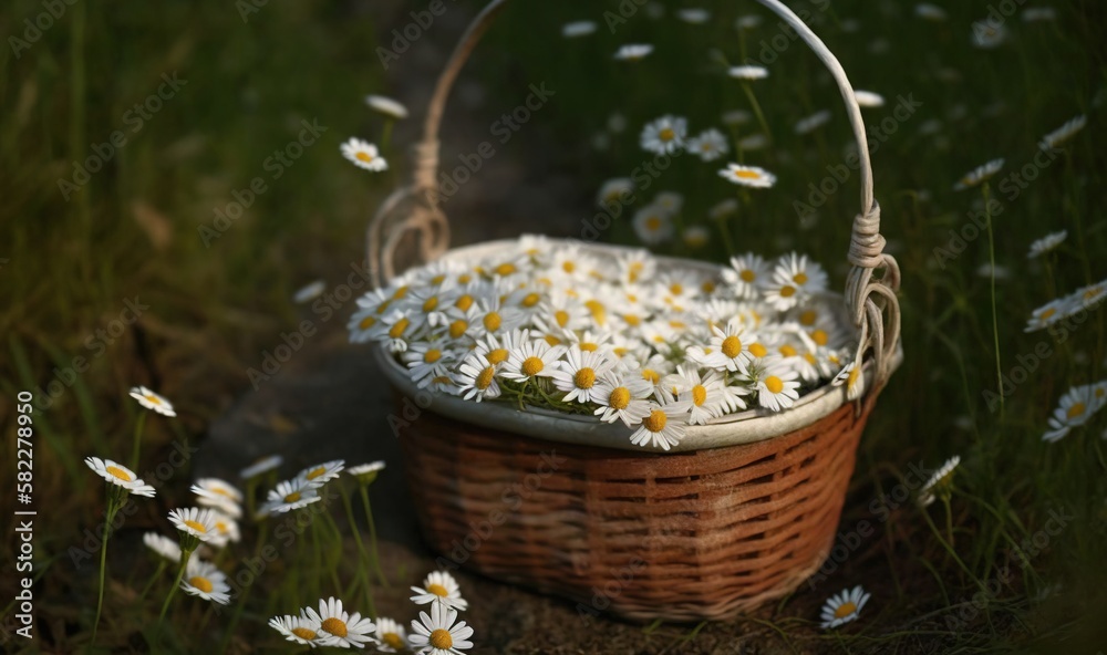  a basket full of daisies sitting in a field of grass with daisies in the basket and daisies in the 