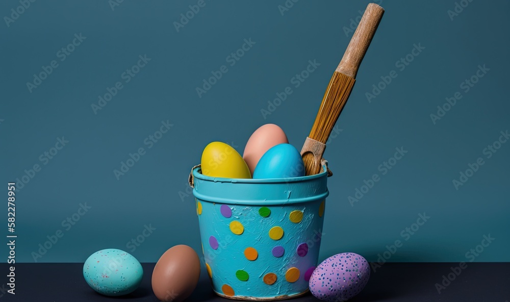  a bucket filled with colorful eggs and a wooden stick next to it on a table next to a blue wall and