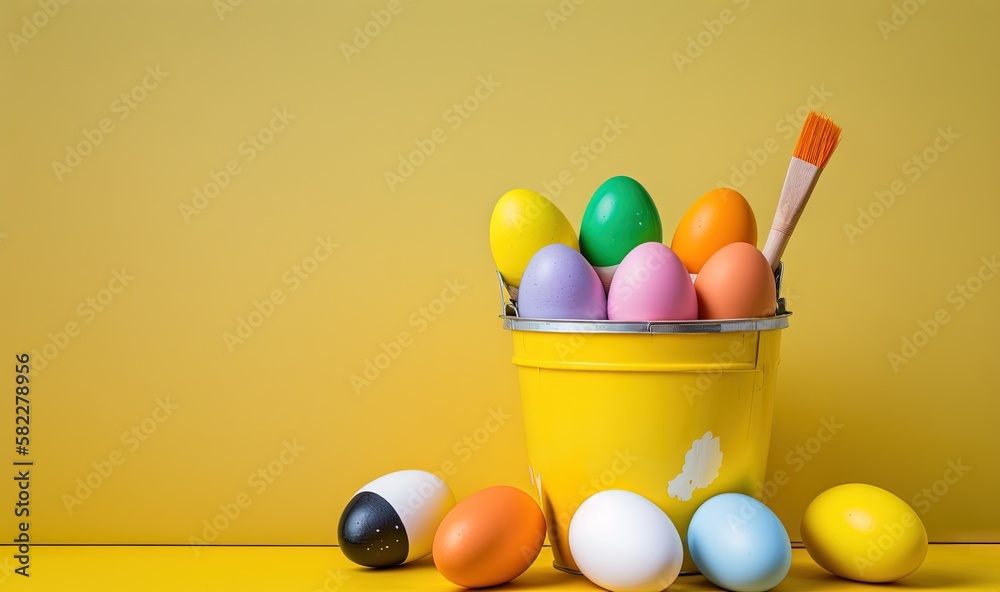  a bucket of eggs with a toothbrush in one of the eggs is on a yellow surface with other eggs in the