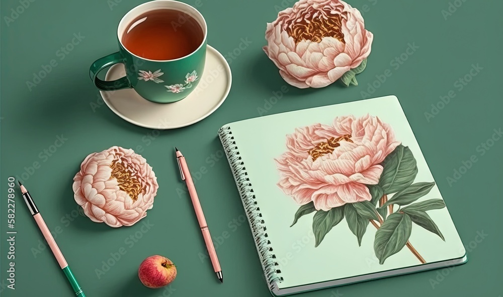  a cup of tea, a notebook, and a flower on a green table with a cup of tea and a pencil and a cup of