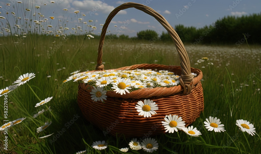  a wicker basket with daisies in a field of grass and daisies in the foreground, with a blue sky in 