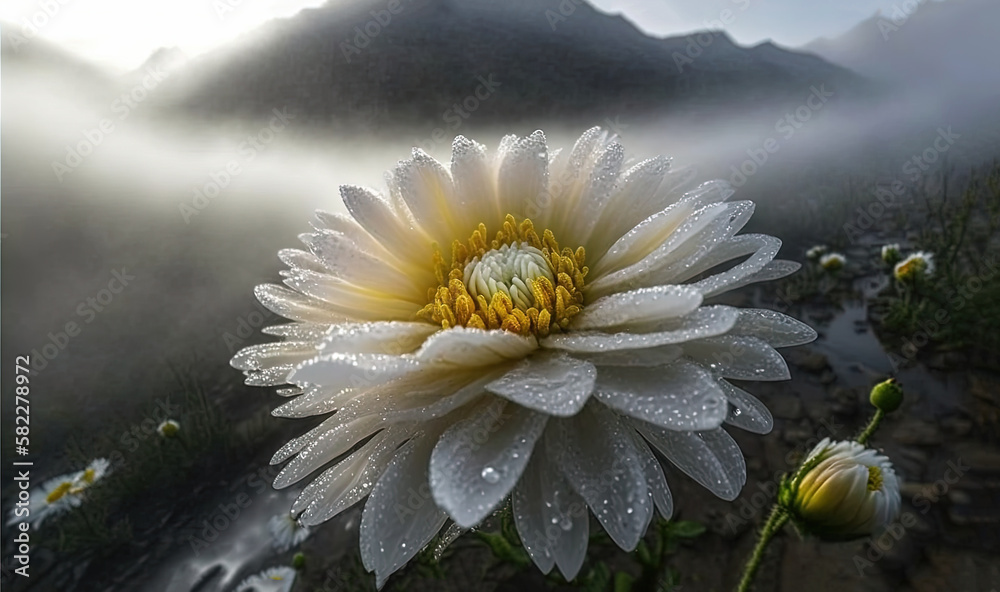  a large white flower with a yellow center surrounded by water droplets and mountains in the distanc