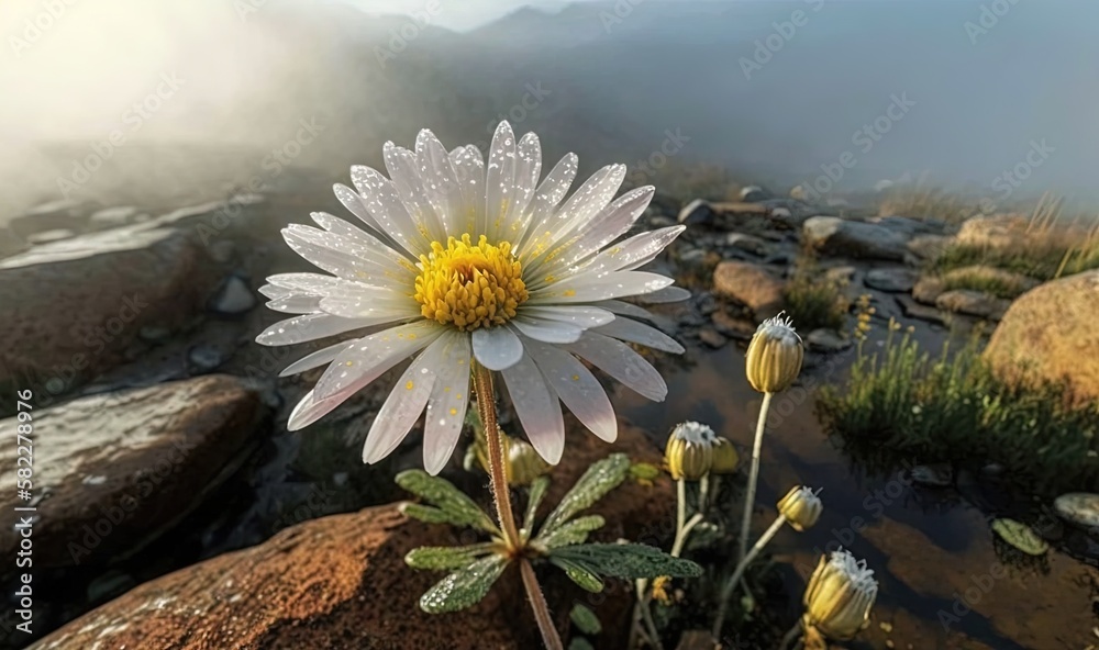  a white flower sitting on top of a rock next to a stream of water and grass on top of a rocky hill 