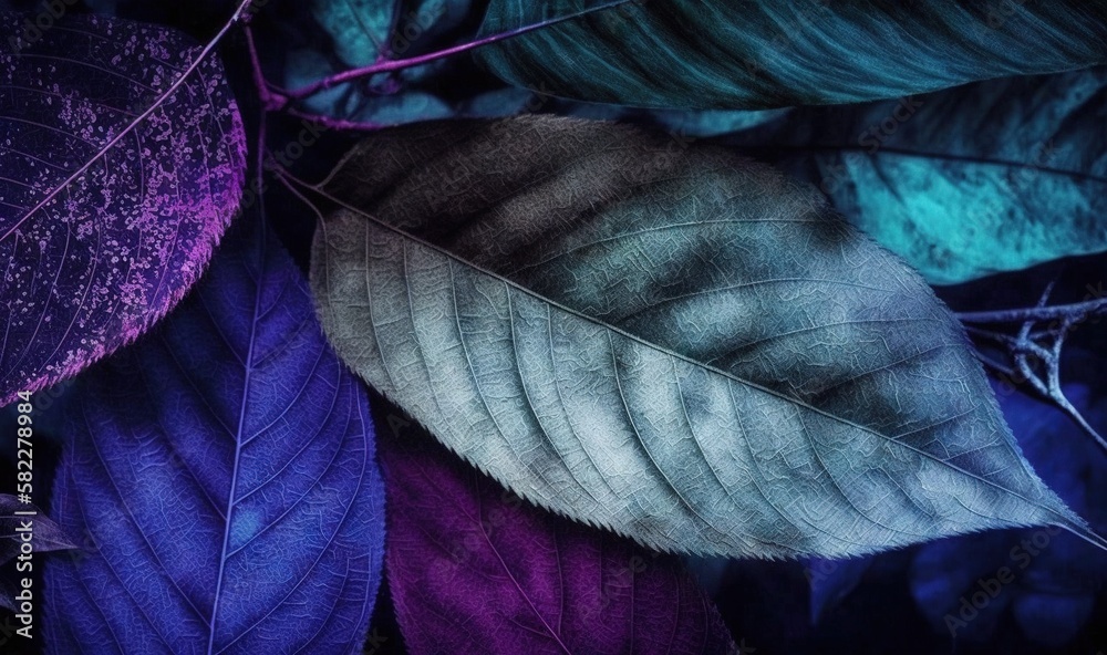  a close up of a group of leaves on a table with purple and blue lighting in the background and a gr