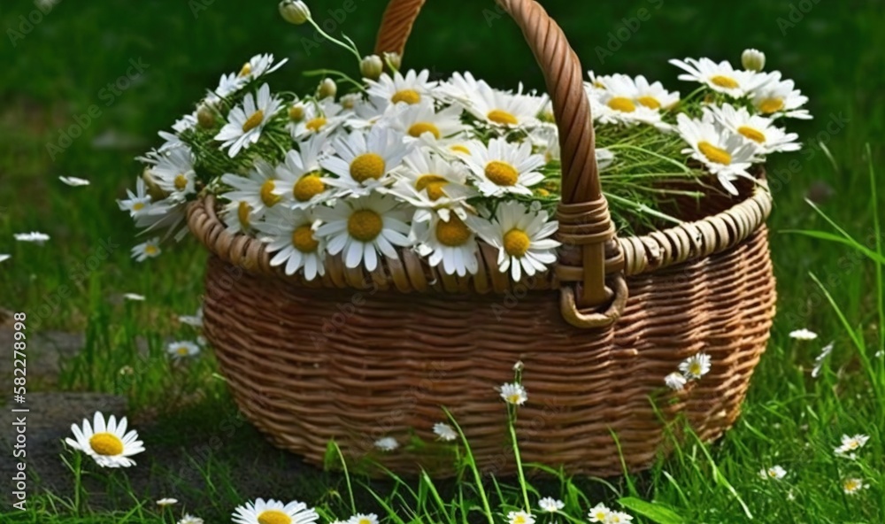  a wicker basket with daisies in it on the ground next to a sidewalk and grass with flowers in it an