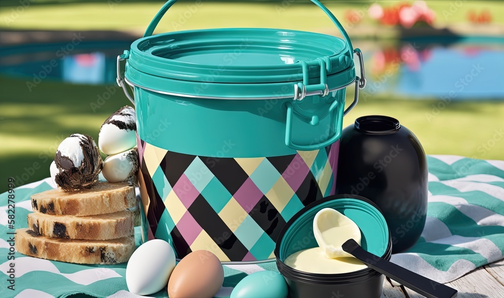  a blue bucket with some eggs and a cake on a picnic table with a blue and white checkered tableclot