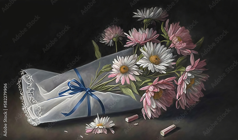  a painting of a bouquet of daisies and a bag of pills on a table with a blue ribbon and a blue bow 