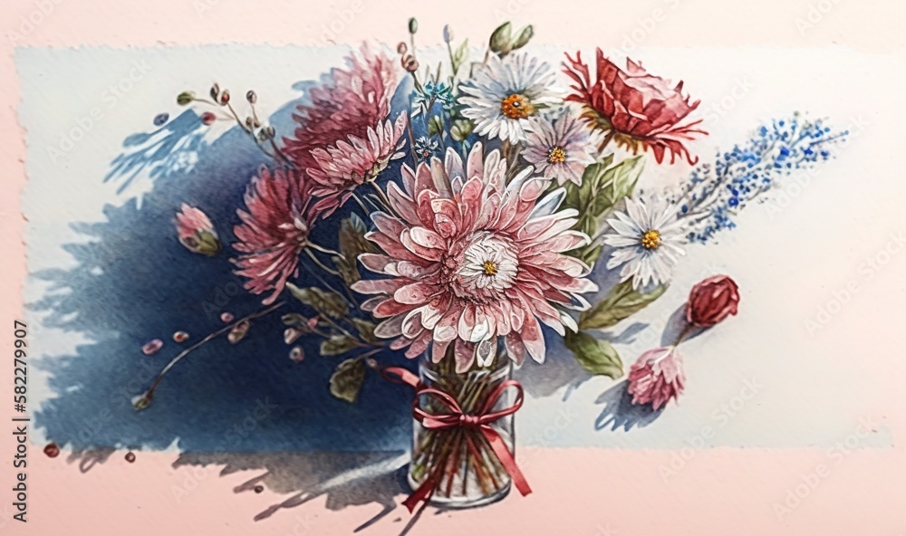  a painting of a bouquet of flowers in a vase with a red ribbon on a blue and pink background with a