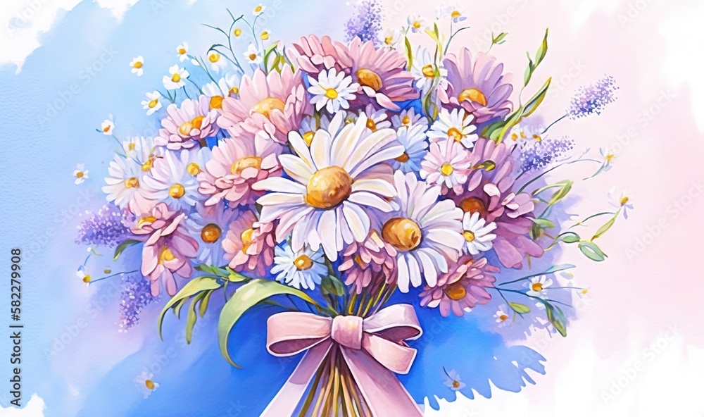  a painting of a bouquet of daisies and daisies with a pink ribbon on a blue and white background wi